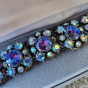 Vtg Florenza Rhinestone Bracelet Blue Purple Aurora Borealis
